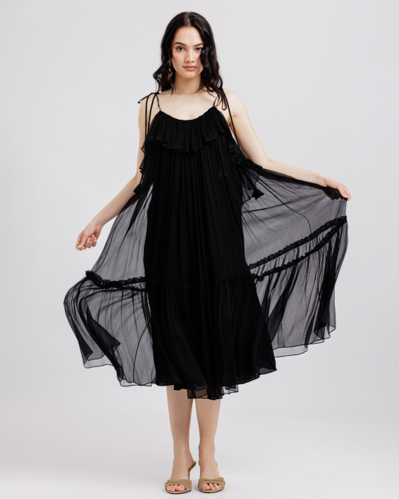Rochie din matase, Midi, Decolteu adanc pe spate, Bretele, Negru [2]