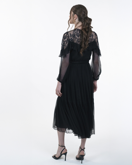 Rochie din matase, Midi, Maneci lungi, Negru [7]