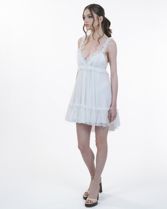 Rochie din matase, Scurta, Babydoll, Decolteu spate, Bretele, Alb [5]