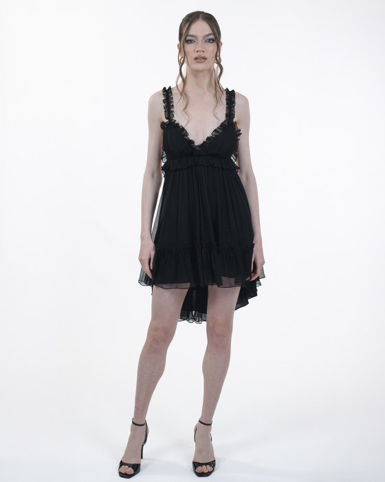 Rochie din matase, Scurta, Babydoll, Decolteu spate, Bretele, Negru [4]