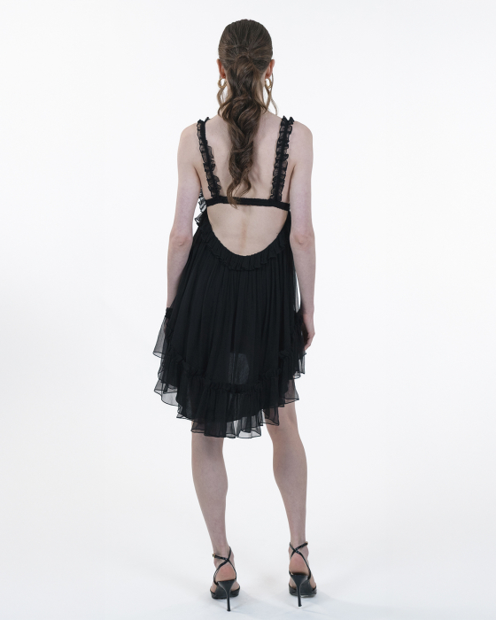 Rochie din matase, Scurta, Babydoll, Decolteu spate, Bretele, Negru [2]