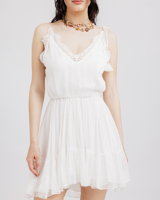 Rochie din matase, Scurta, Cu bretele si dantela, Alb [5]