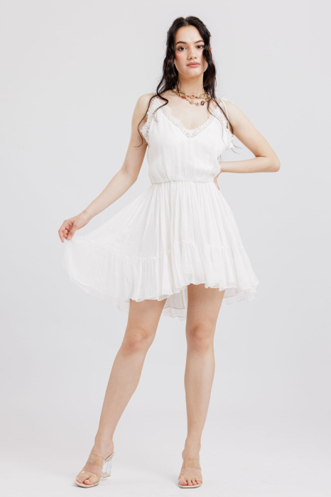 Rochie din matase, Scurta, Cu bretele si dantela, Alb [2]
