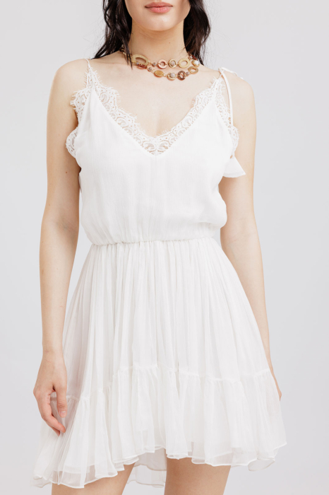 Rochie din matase, Scurta, Cu bretele si dantela, Alb [4]