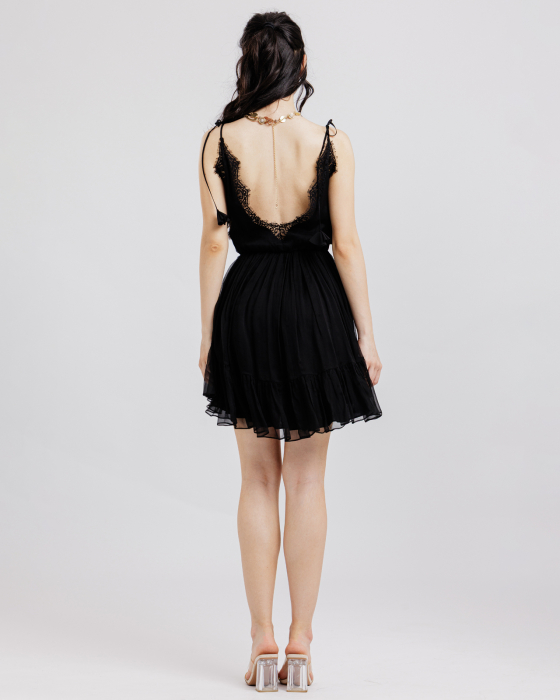 Rochie din matase, Scurta, Cu bretele si dantela, Negru [3]