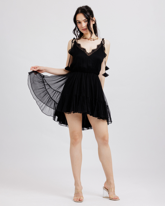 Rochie din matase, Scurta, Cu bretele si dantela, Negru [2]