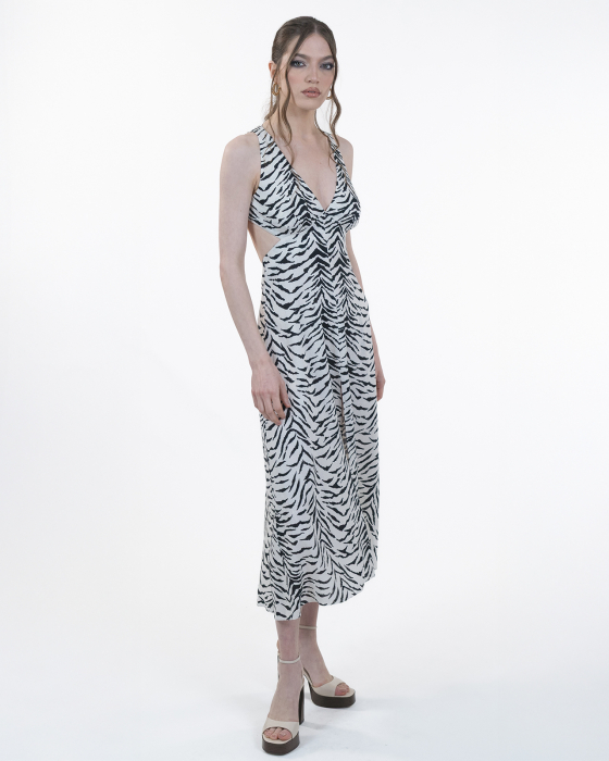 Rochie din vascoza cu in, Midi, Fara maneci, Spate gol, Snururi ajustabile, Print [5]