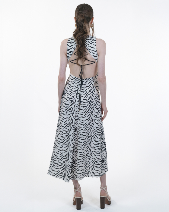 Rochie din vascoza cu in, Midi, Fara maneci, Spate gol, Snururi ajustabile, Print [2]