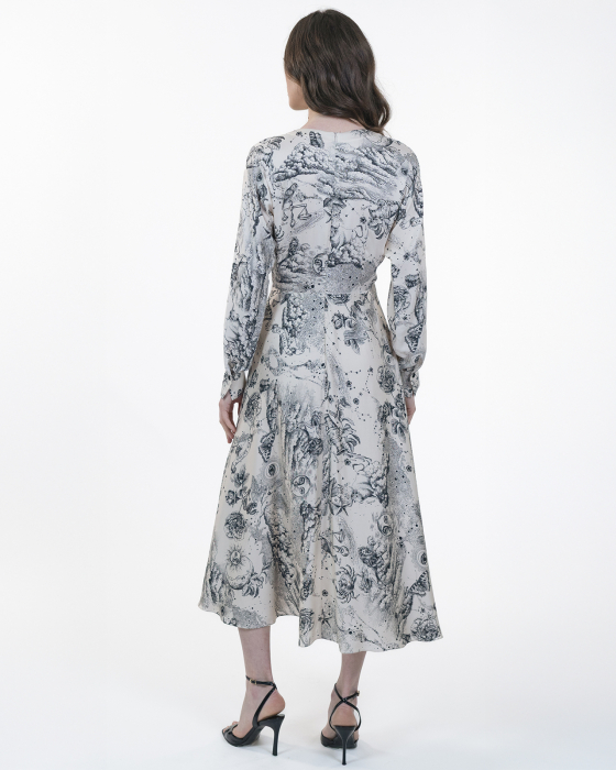 Rochie din vascoza, Midi, Cu nasturi, Maneci lungi, Print grafic [2]