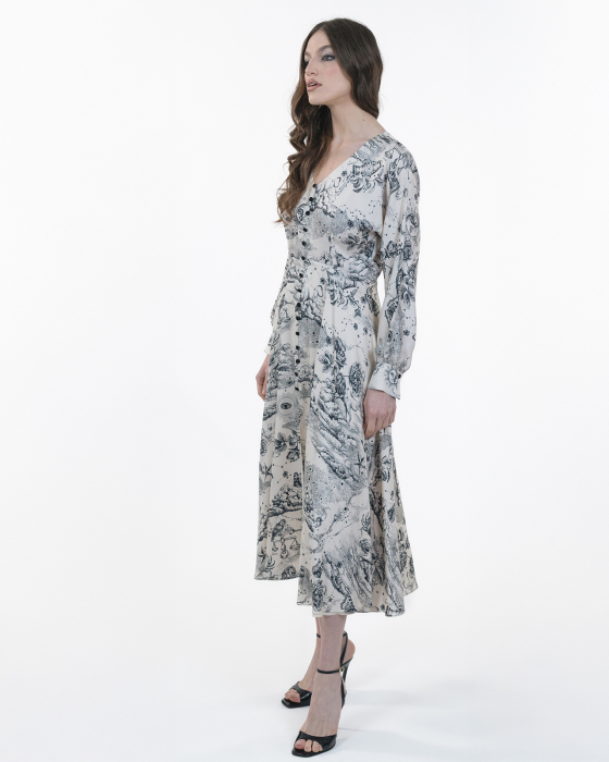 Rochie din vascoza, Midi, Cu nasturi, Maneci lungi, Print grafic [3]