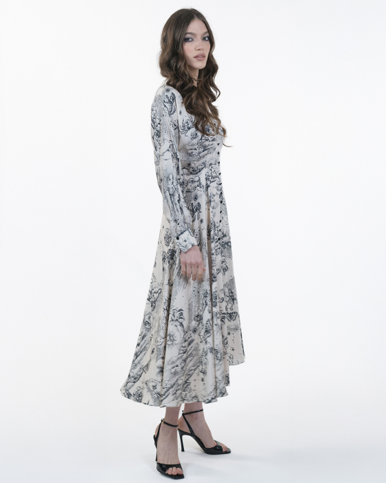 Rochie din vascoza, Midi, Cu nasturi, Maneci lungi, Print grafic [4]