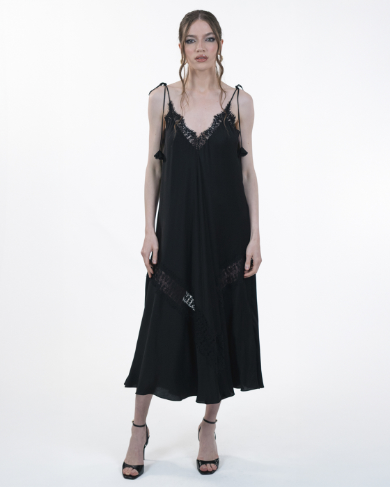 Rochie din vascoza satinata, Bretele si dantela, Negru [1]