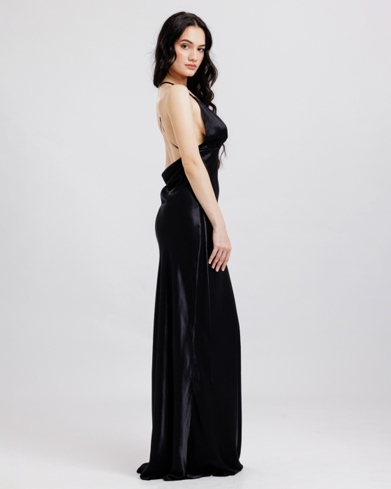 Rochie din vascoza satinata, Lunga, Decolteu drapat pe spate, Bretele, Negru [4]