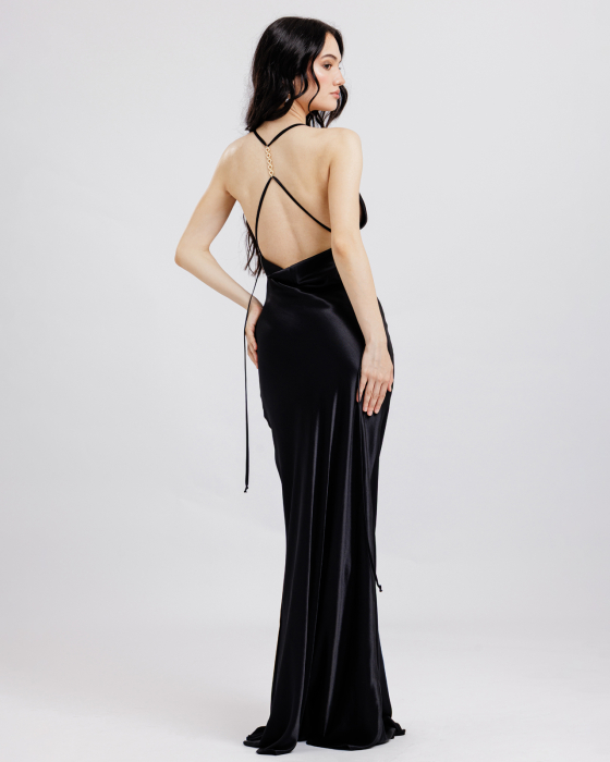Rochie din vascoza satinata, Lunga, Decolteu drapat pe spate, Bretele, Negru [2]