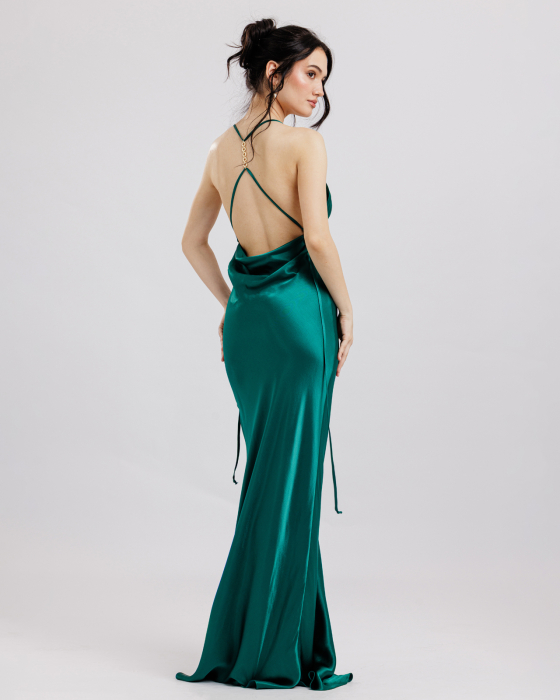 Rochie din vascoza satinata, Lunga, Decolteu drapat pe spate, Bretele, Verde [2]