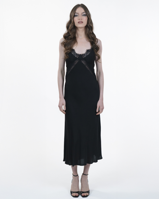 Rochie din vascoza, Sleepdress, Midi, Cu dantela, Negru [5]