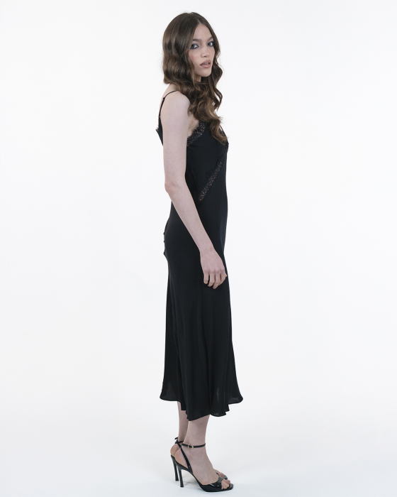 Rochie din vascoza, Sleepdress, Midi, Cu dantela, Negru [4]