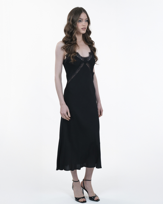Rochie din vascoza, Sleepdress, Midi, Cu dantela, Negru [3]