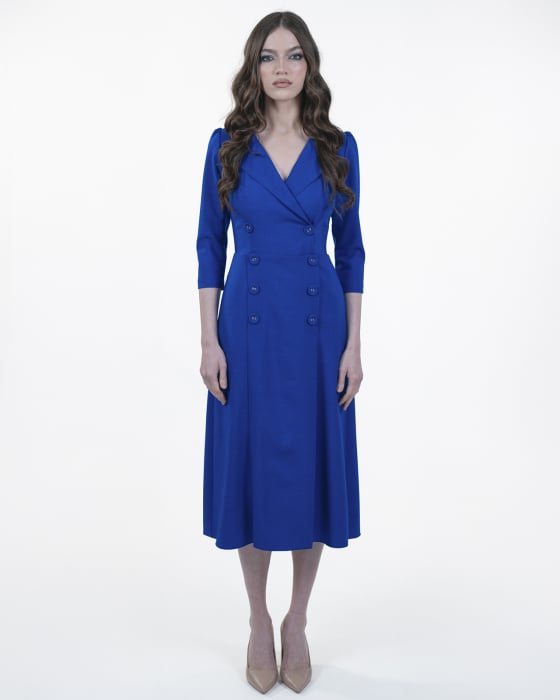Rochie midi, Stofa subtire, Nasturi decorativi, Maneci 3/4, Albastru [1]