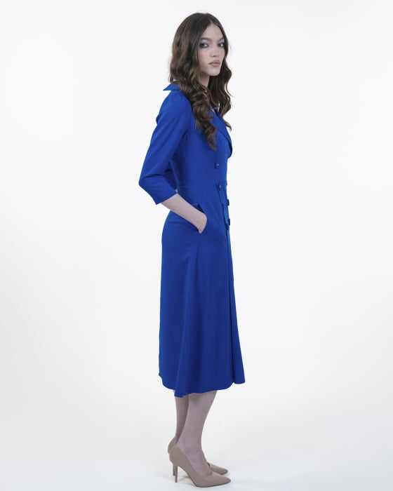 Rochie midi, Stofa subtire, Nasturi decorativi, Maneci 3/4, Albastru [3]