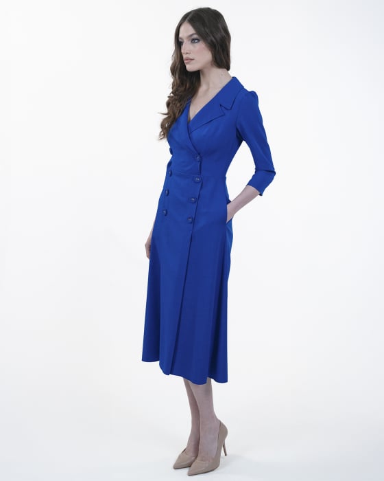 Rochie midi, Stofa subtire, Nasturi decorativi, Maneci 3/4, Albastru [6]