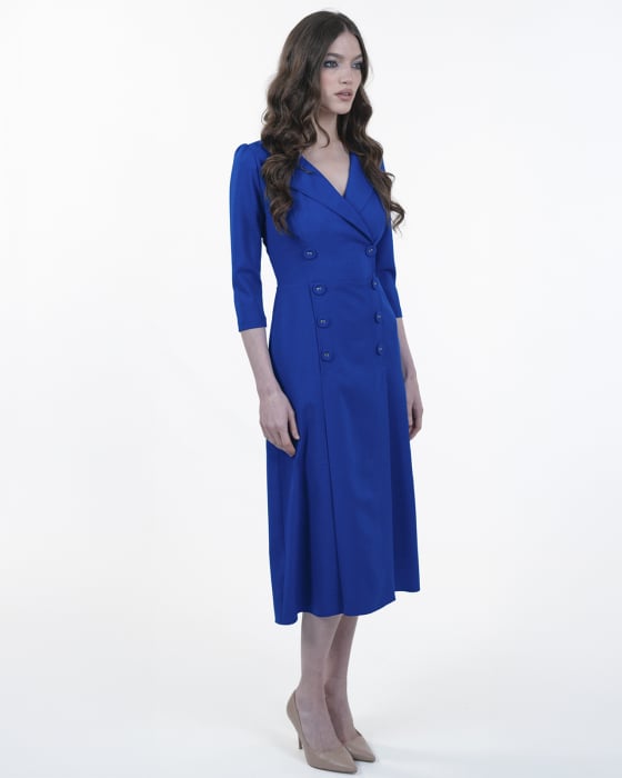 Rochie midi, Stofa subtire, Nasturi decorativi, Maneci 3/4, Albastru [7]