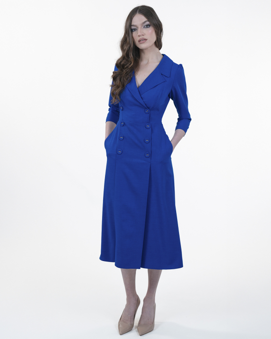 Rochie midi, Stofa subtire, Nasturi decorativi, Maneci 3/4, Albastru [2]