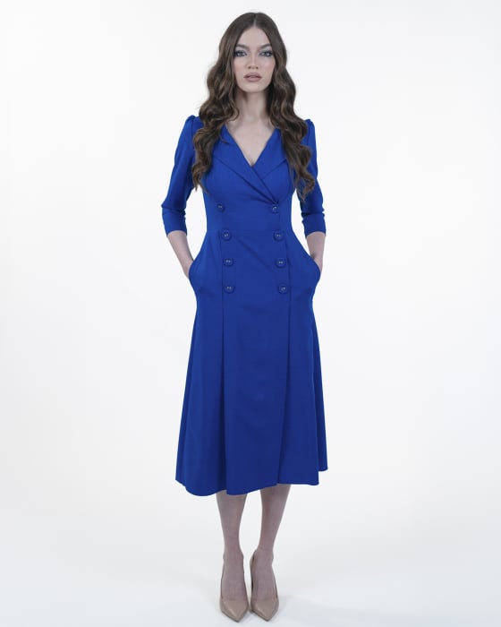Rochie midi, Stofa subtire, Nasturi decorativi, Maneci 3/4, Albastru [5]