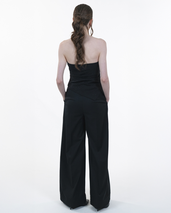 Top bustiera asimetric, Cristale negre, Fermoar metalic, Negru [4]