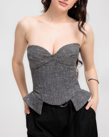 TOPURI - Corset din stofa cu paiete cu volane intarite, Gri