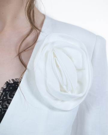 Costum din in, Sacou cu floare, Pantaloni, Alb [3]