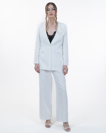 COSTUME - Costum din in, Sacou cu floare, Pantaloni, Alb