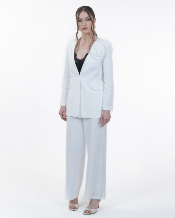 Costum din in, Sacou cu floare, Pantaloni, Alb [8]