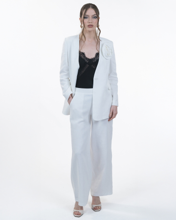 Costum din in, Sacou cu floare, Pantaloni, Alb [4]
