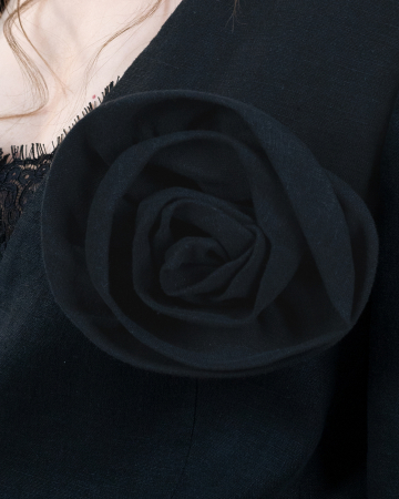 Costum din in, Sacou cu floare, Pantaloni, Negru [4]