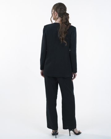 Costum din in, Sacou cu floare, Pantaloni, Negru [1]