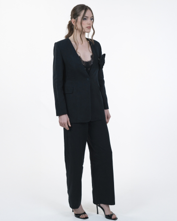 Costum din in, Sacou cu floare, Pantaloni, Negru [6]
