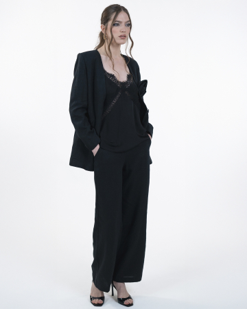 Costum din in, Sacou cu floare, Pantaloni, Negru [5]