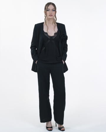 Costum din in, Sacou cu floare, Pantaloni, Negru [3]