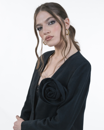 Costum din in, Sacou cu floare, Pantaloni, Negru [2]