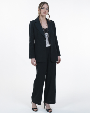 Costum din in, Sacou cu revere, Pantaloni, Negru [2]
