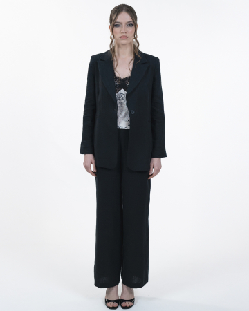 Costum din in, Sacou cu revere, Pantaloni, Negru [4]