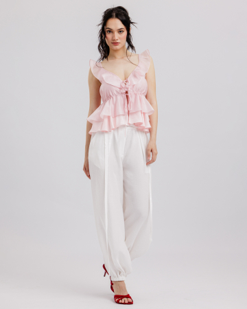 PANTALONI - Pantaloni balon, Liocel, Cu buzunare, Cordoane detasabile, Alb