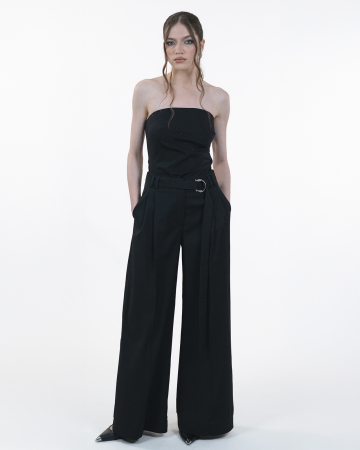 PANTALONI - Pantaloni cu pliuri, Amestec de lana, Cordon detasabil, Catarama metalica, Negru