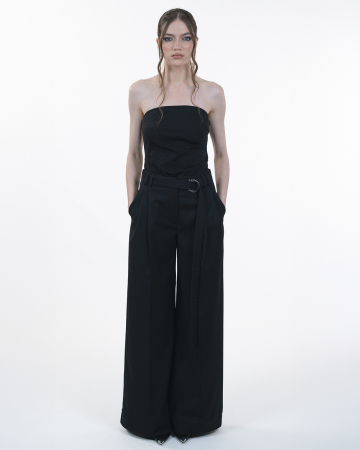 Pantaloni cu pliuri, Amestec de lana, Cordon detasabil, Catarama metalica, Negru [6]