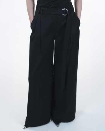 Pantaloni cu pliuri, Amestec de lana, Cordon detasabil, Catarama metalica, Negru [2]