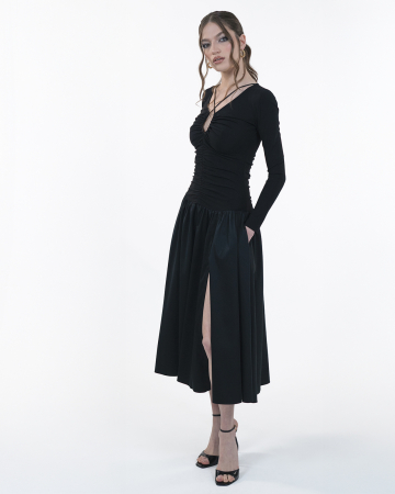 Rochie ampla cu maneci lungi, Midi,Buzunare, Decolteu in V, Negru [3]