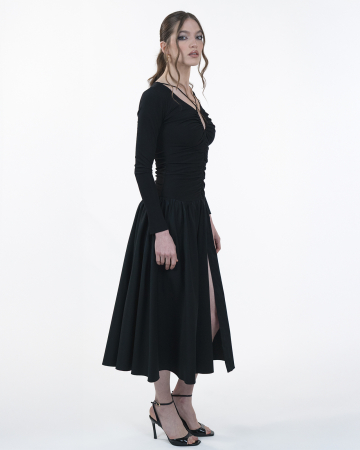 Rochie ampla cu maneci lungi, Midi,Buzunare, Decolteu in V, Negru [6]