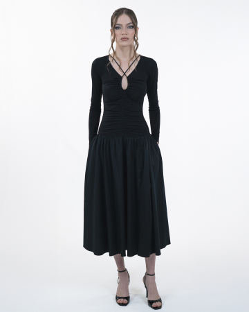 Rochie ampla cu maneci lungi, Midi,Buzunare, Decolteu in V, Negru [2]