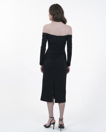 Rochie cambrata cu maneci lungi, Midi, Funde detasabile, Negru [5]